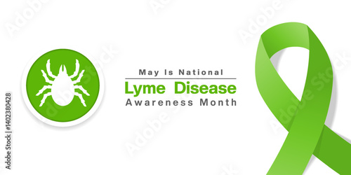 May is Lyme Disease Awareness Month. Bug and ribbon. Great for posters, banners, social media and more. White background.