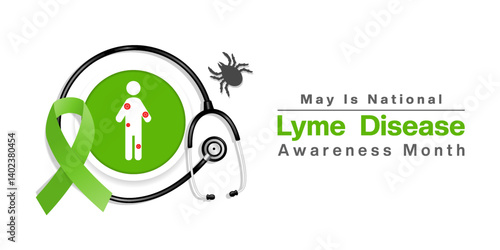 May is Lyme Disease Awareness Month. People, bug, ribbon and stethoscope. Great for posters, banners, social media and more. White background.