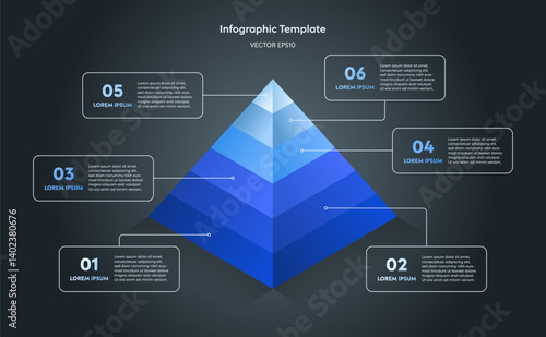 3D Isometric Triangle Pyramid Diagram Infographic Template with 6 Step in Minimal Clean Blue Chart on Black, Six Parts or Process for Successful Marketing Presentation Data Company Dark Website