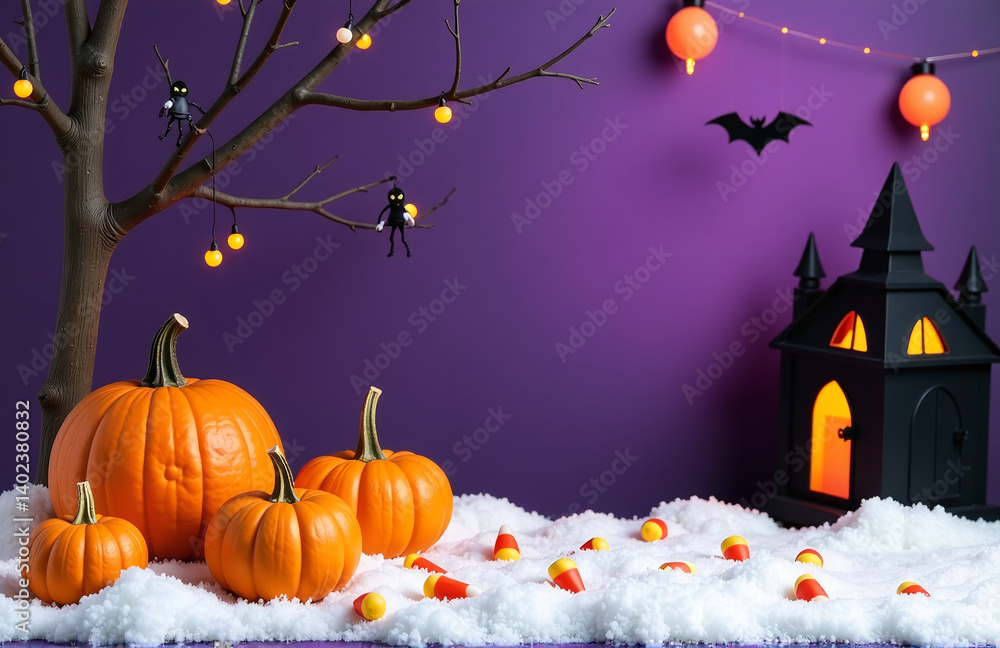 Fototapeta premium Vibrant Halloween Display Features Festive Pumpkins, Candy Corn, And Spooky Decorations Against A Rich Purple And Snowy White Backdrop.
