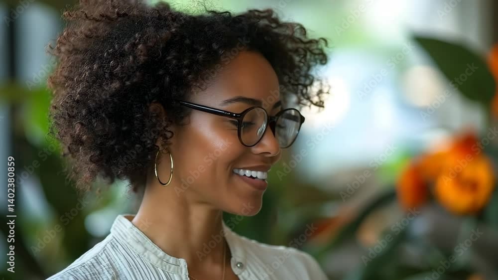 Smiling HR leader in a bright office surrounded by natural elements and ergonomic furniture Smiling HR leader in a bright office surrounded by natural elements and ergonomic furniture