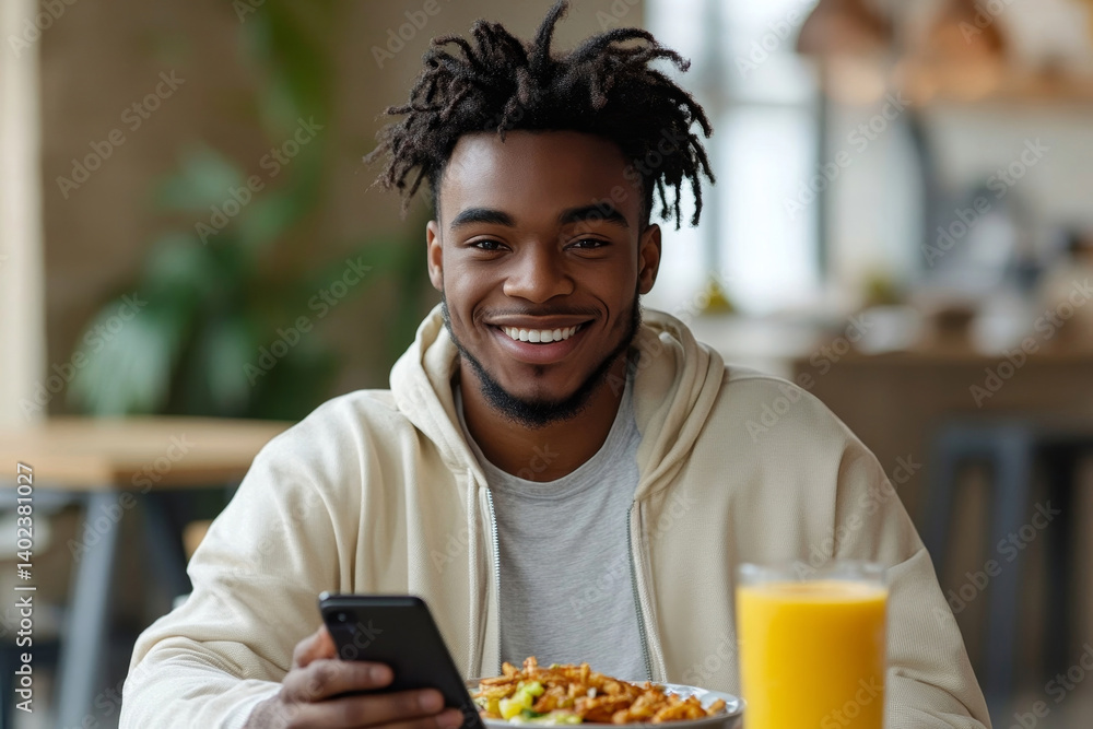 Young black man eating breakfast and reading the news online. Handsome man using mobile phone, Generative AI Young black man eating breakfast and reading the news online. Handsome man using mobile phone, Generative AI