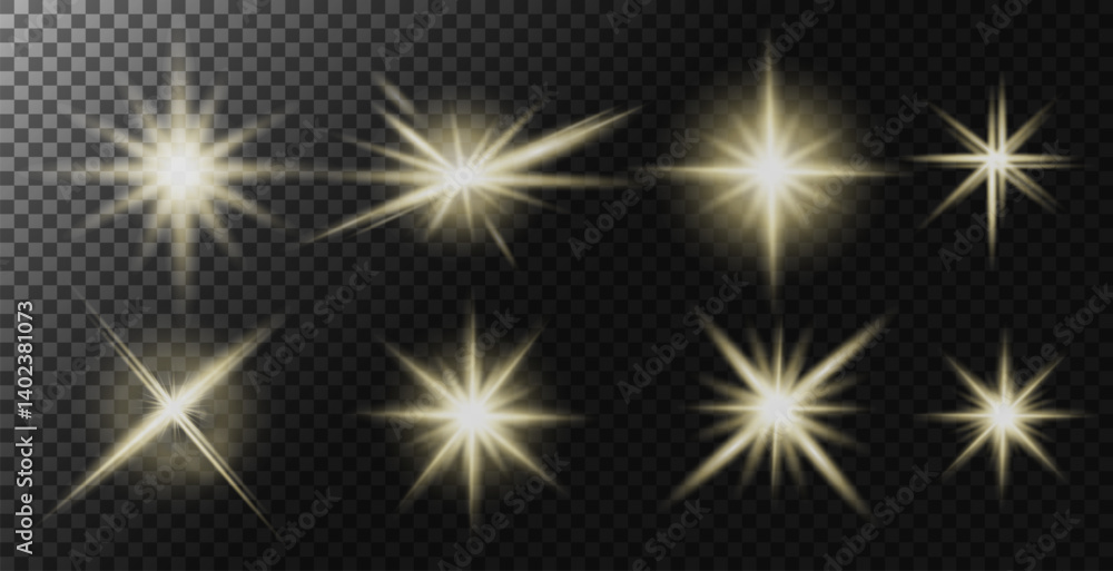 Shiny glowing golden starbursts and flare light effects set on transparent background, ideal for overlays, sparkle decorations, festive designs.Luminous Star Effects Glow Overlay.Vector illustration Shiny glowing golden starbursts and flare light effects set on transparent background, ideal for overlays, sparkle decorations, festive designs.Luminous Star Effects Glow Overlay.Vector illustration