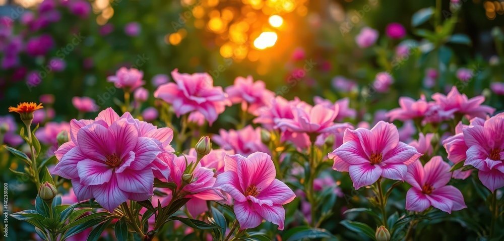 Dusk light bathes fragrant blooms in a vibrant green garden, floral, peaceful Dusk light bathes fragrant blooms in a vibrant green garden, floral, peaceful