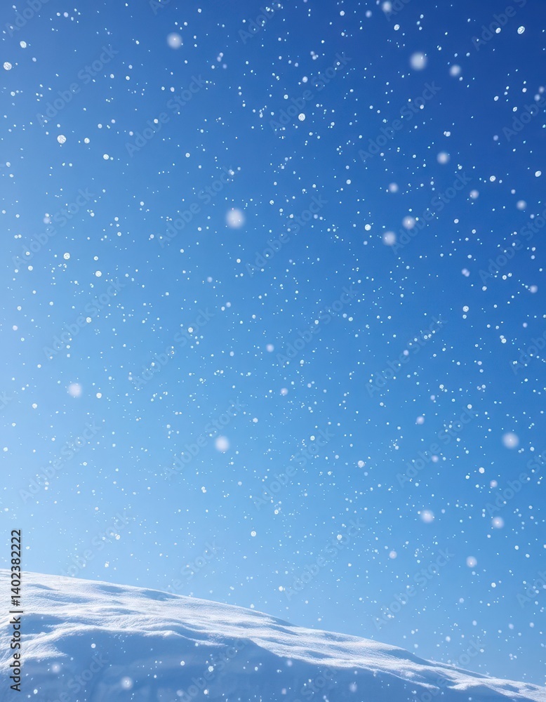 Gently falling snowflakes blanket a vast, serene blue winter sky, falling, white Gently falling snowflakes blanket a vast, serene blue winter sky, falling, white