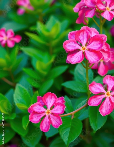 Pink Adenium obesum blossoms, vibrant green foliage backdrop, gardening, wildlife