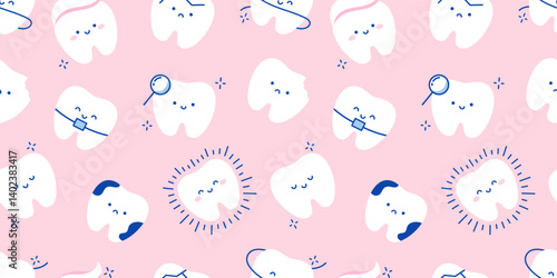 Teeth on pink background. Seamless pattern with teeth. Baby pattern. Dental health care cartoon vector illustration for children dentist cabinet. Dental care background for kids, funny teeth dentistry