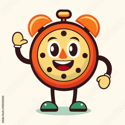 Groovy retro alarm clock cartoon character vector 