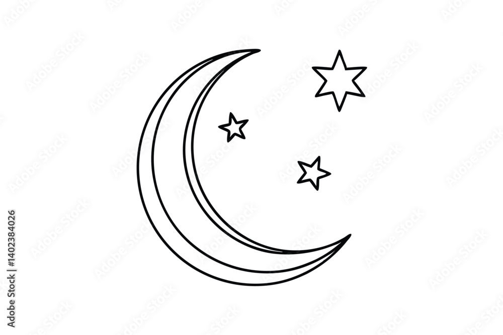 a crescent moon with stars in a continuous line a crescent moon with stars in a continuous line