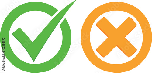 Vector Green Checkmark and Orange X Symbol Icons with Flat Design and Contrasting Colors