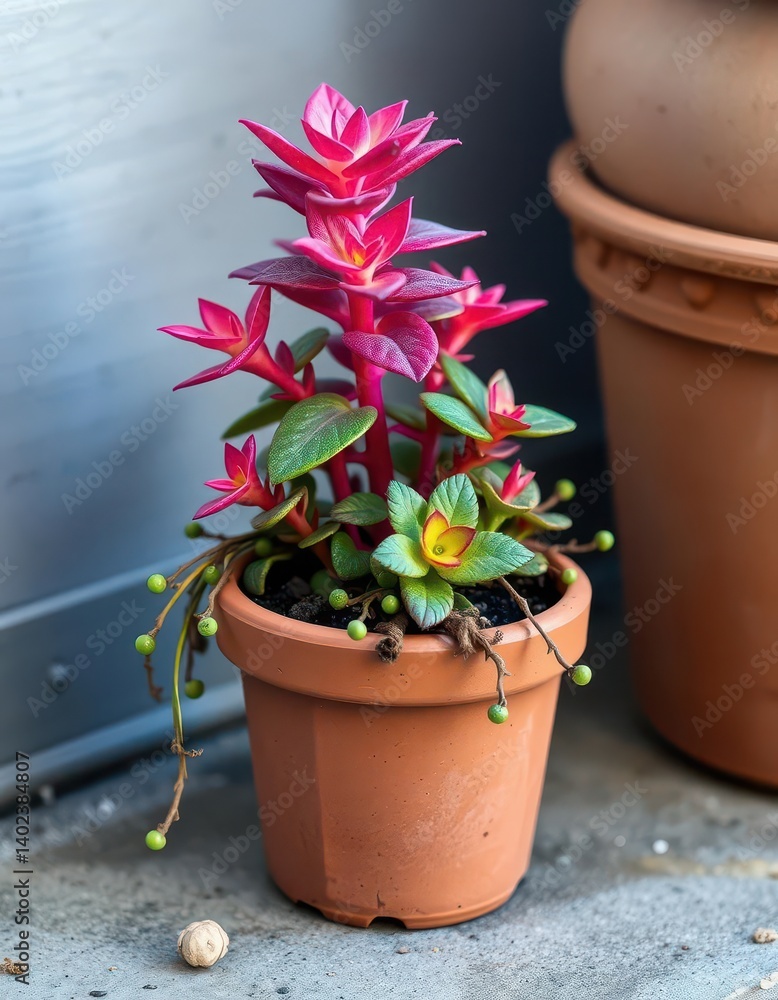Tiny terracotta pot overflows with vibrant inch plant & foliage, foliage, vibrant