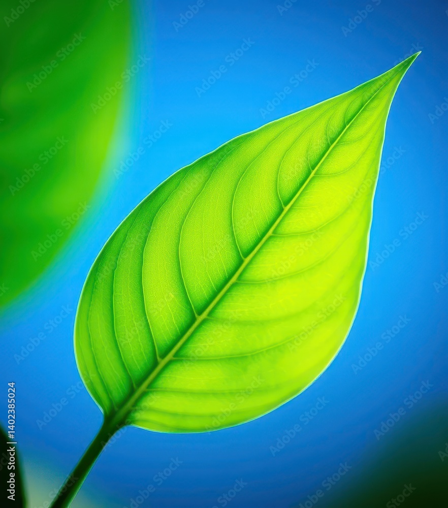 Vibrant green leaf, sharp focus, serene blue background, ecology, picture