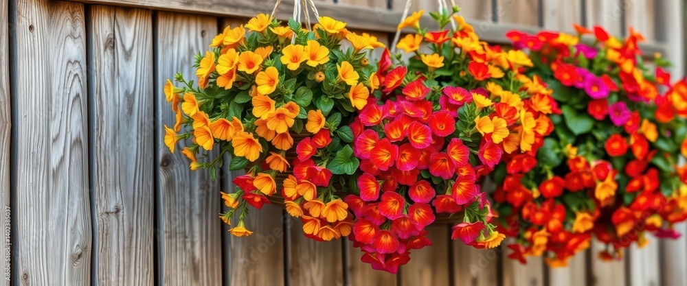 Vibrant calibrachoa overflowing from hanging baskets against weathered wood, bloom, plant