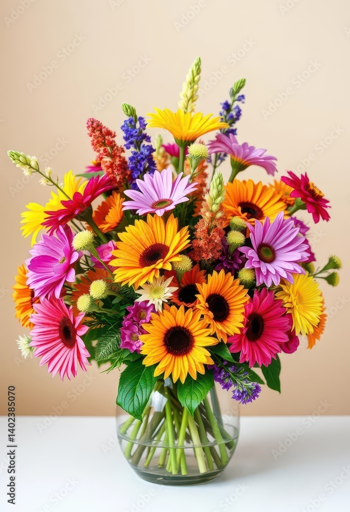 Vibrant mixed flower bouquet in a vase, colorful floral arrangement, greenery, hydrangea, image
