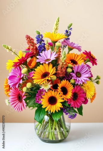 Obraz na płótnie Vibrant mixed flower bouquet in a vase, colorful floral arrangement, greenery, hydrangea, image w salonie