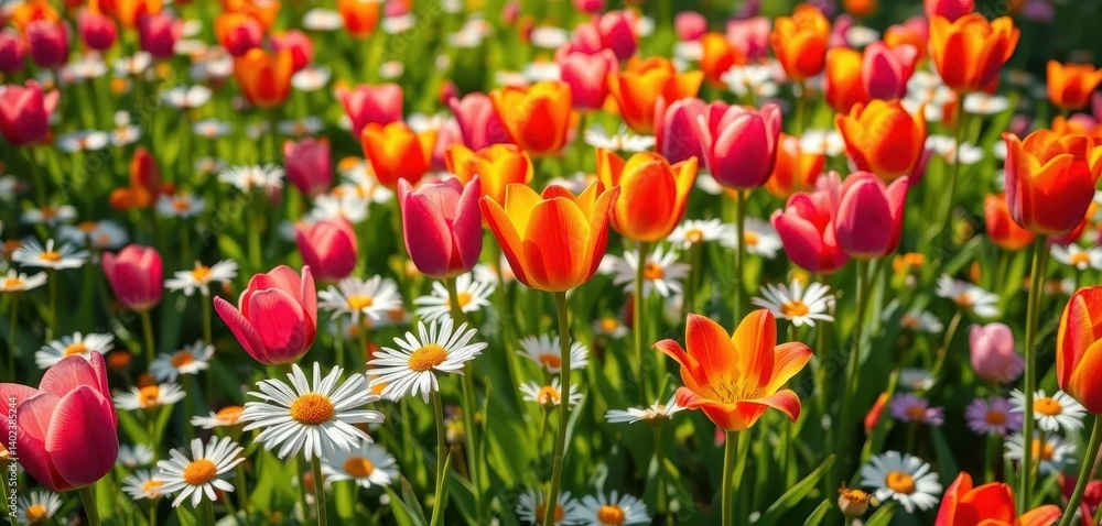 Vibrant tulips and daisies bathed in sunlight, creating a colorful meadow, daisies, happy, outdoor