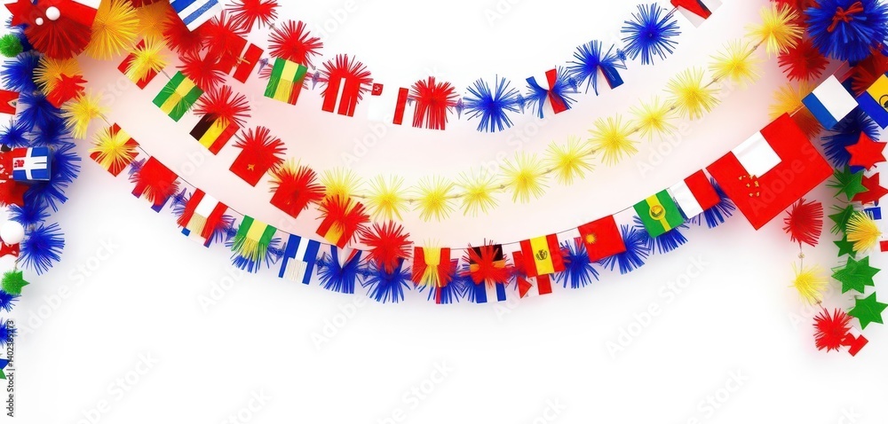 White background, vibrant garlands in national colors of various European countries , finland, italy, design element