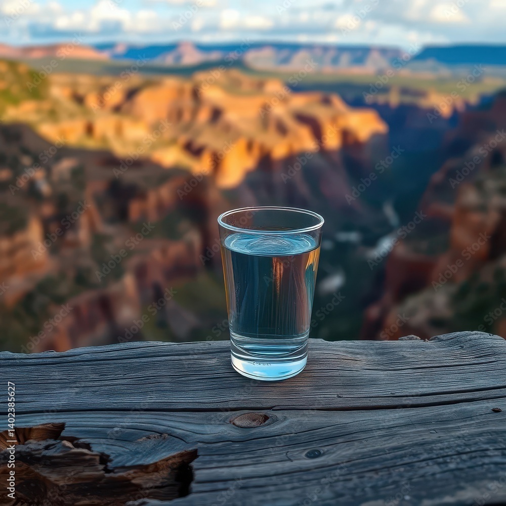 A lone glass of water rests on weathered wood, overlooking a dramatic canyon, dry, thirsty