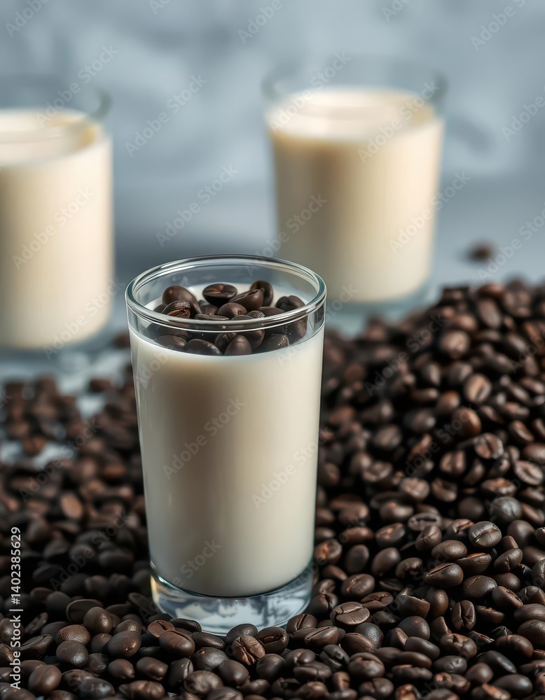 A glass of milk sits beside a mound of dark coffee beans; a second glass of milk is blurred in the background, close-up, glass