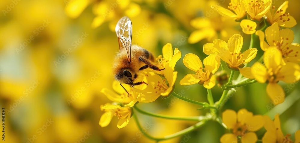A honeybee gathers pollen from vibrant yellow Cornus flowers in bright spring sunlight, spring, yellow flower