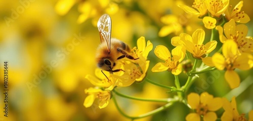 Obraz na płótnie A honeybee gathers pollen from vibrant yellow Cornus flowers in bright spring sunlight, spring, yellow flower w salonie