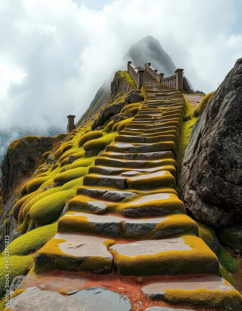 Ancient moss-draped stone steps ascend a gentle, cloud-shrouded mountain peak, peaceful, peak, winding