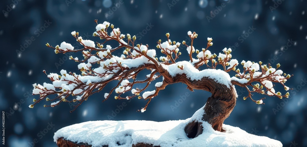 Ancient bonsai beech branch, delicately dusted with a pristine layer of snow, white, artwork, icy