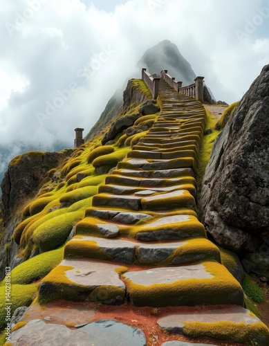Obraz na płótnie Ancient moss-draped stone steps ascend a gentle, cloud-shrouded mountain peak, peaceful, peak, winding w salonie