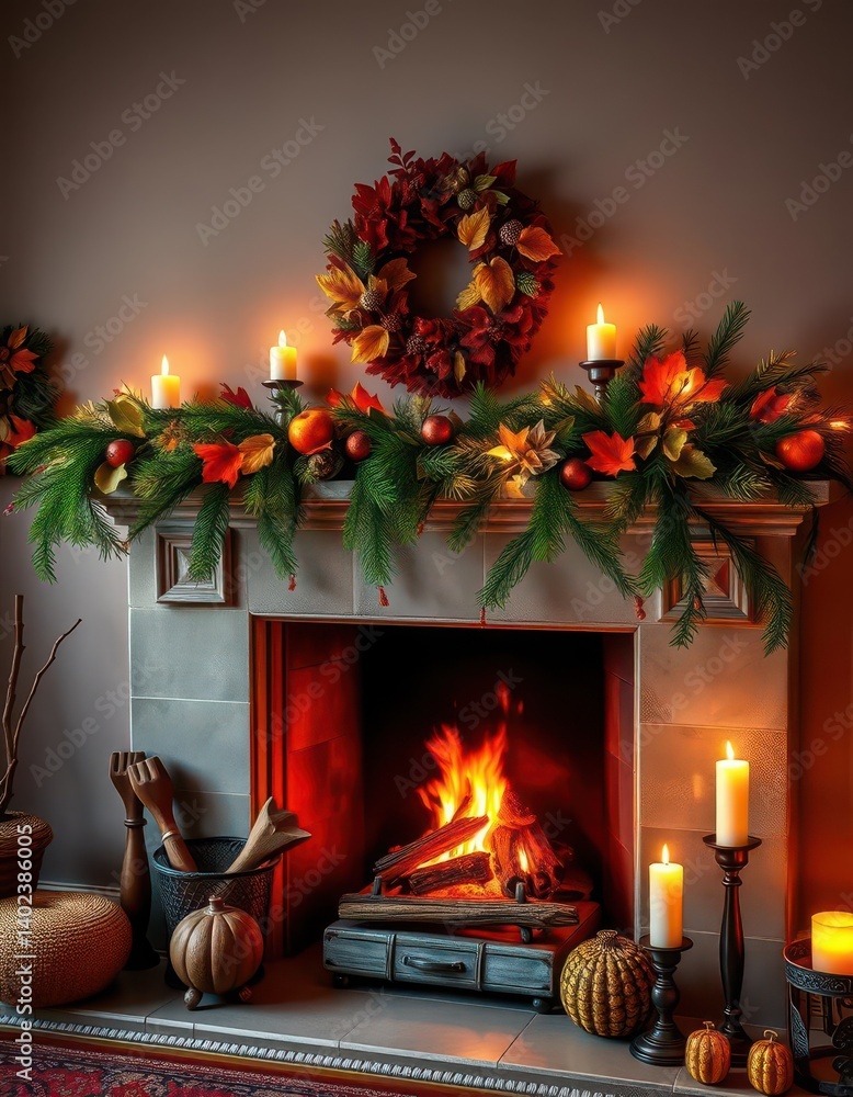 Autumn fireplace mantle, evergreen boughs, flickering candlelight, new year, decoration