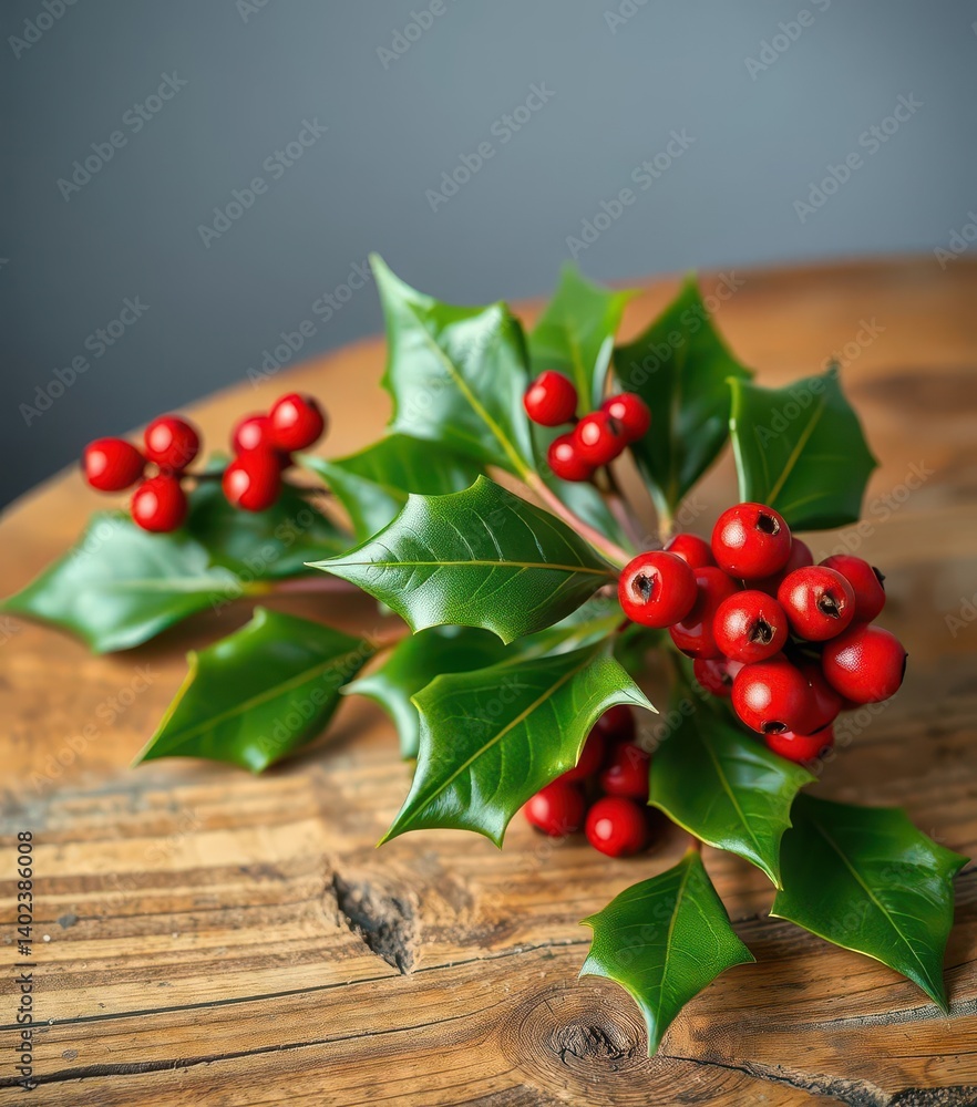 A vibrant holly sprig with glistening red berries rests on a rustic wooden side table, object, decoration, table top