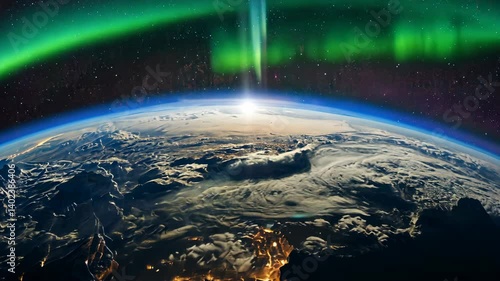 Spectacular view of Earth from space featuring aurora borealis lights, clouds, mountains, and city lights at night.