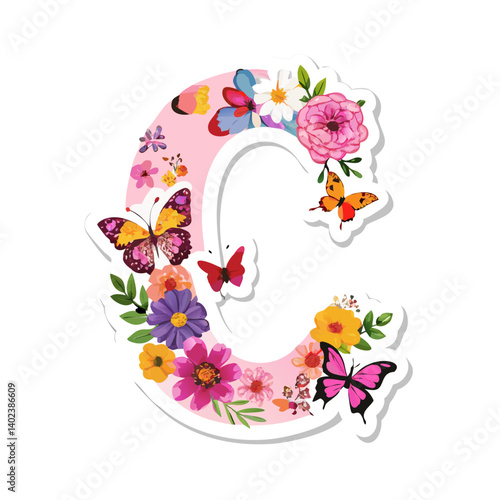 Letter C with pink floral pattern and butterflies in garden theme