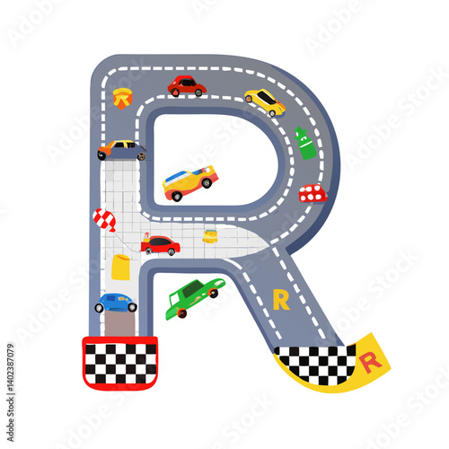 Letter R in road style with cars and track pattern illustration