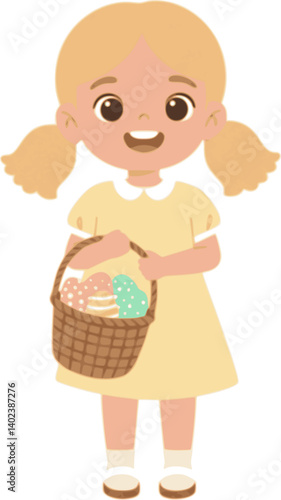 A cute little girl happily holding a basket filled with colorful Easter eggs.
