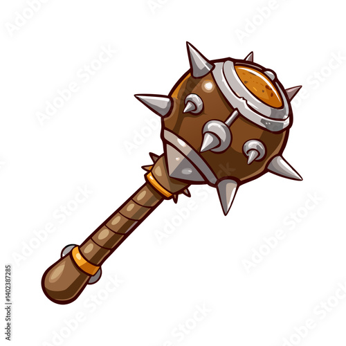 Cartoon spiked mace with brown handle and iron spikes