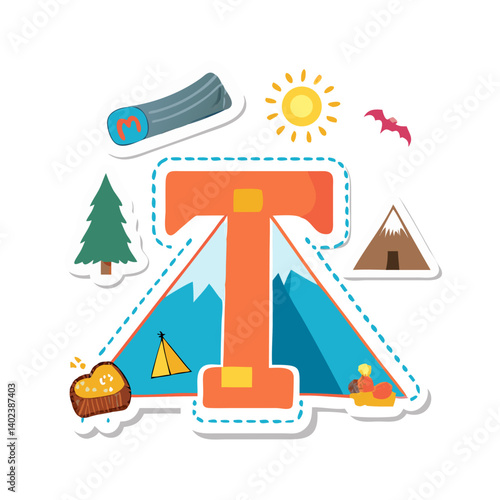Letter T with camping gear, trees and mountains illustration