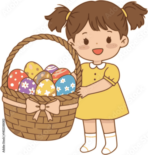 A cute little girl happily holding a basket filled with colorful Easter eggs.
