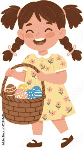 A cute little girl happily holding a basket filled with colorful Easter eggs.
