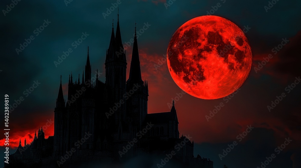 Fototapeta premium Crimson Moon over a Gothic Castle