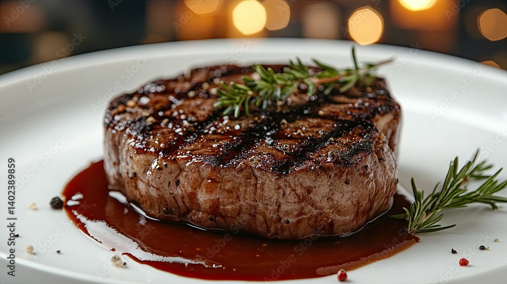 Grilled steak on a white plate with a city skyline in the background at night. Juicy cooked meat with grill marks and herb garnish, served with sauce. - Grilled steak on a white plate with a city skyline in the background at night. Juicy cooked meat with grill marks and herb garnish, served with sauce. -