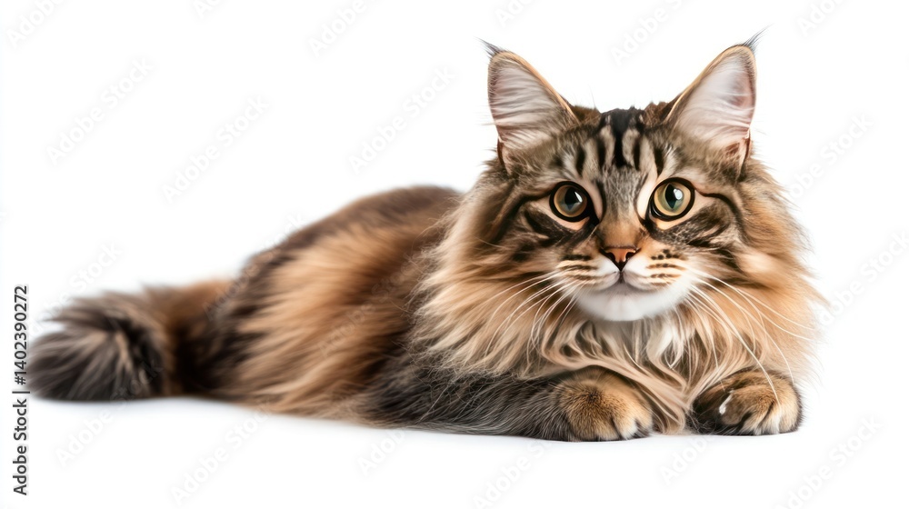 Adorable Longhair Tabby Maine Coon Cat Lying Down Fluffy Fur Studio Shot Adorable Longhair Tabby Maine Coon Cat Lying Down Fluffy Fur Studio Shot