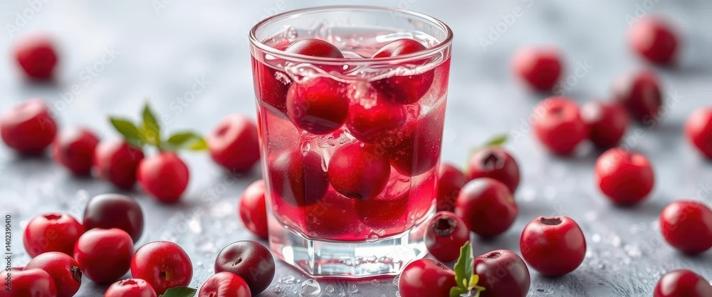 Refreshing glass of cranberry juice with plump cranberries floating inside, healthy drink, fruit Refreshing glass of cranberry juice with plump cranberries floating inside, healthy drink, fruit