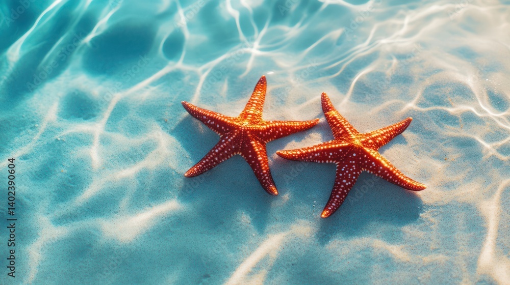 Two vibrant starfish resting on a sun-drenched beach. Two vibrant starfish resting on a sun-drenched beach.