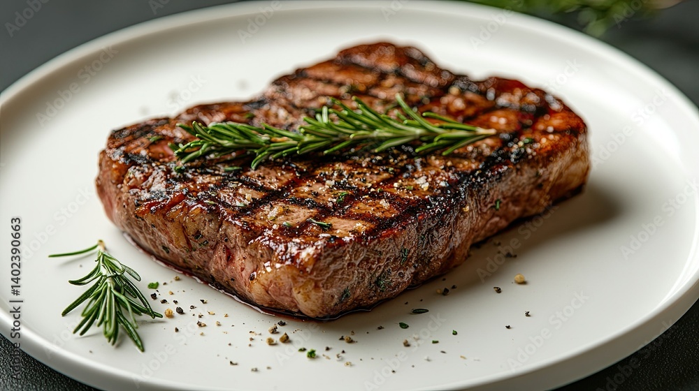 Grilled steak with rosemary char and fire on a white plate. - Grilled steak with rosemary char and fire on a white plate. -