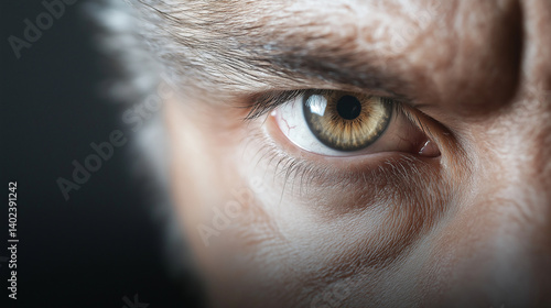 Extreme close up showing male eye radiating intense anger, raw strength, revealing piercing gaze of pure determination and unwavering focus