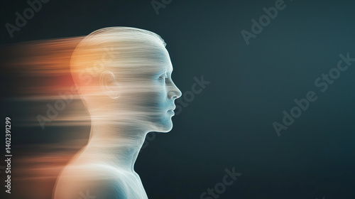 Digital human silhouette transforming, blending dynamic motion lines suggesting technological evolution and personal development breakthrough