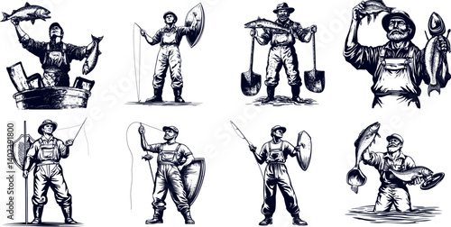Vector Illustrations of Diverse Fishermen With Various Fishing Tools and Catches