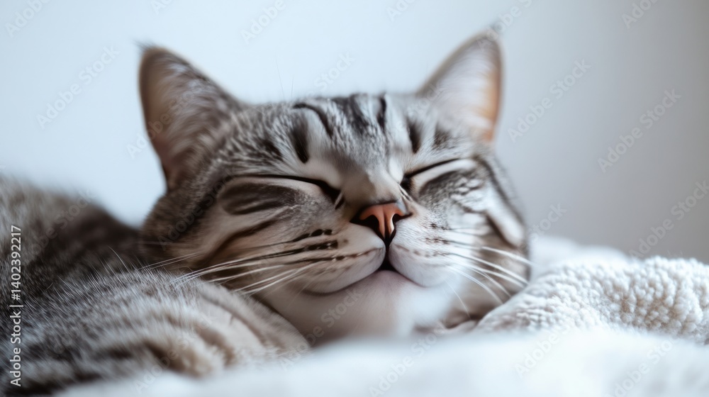 Fototapeta premium Adorable Grey Tabby Cat Sleeping Peacefully on Soft Blanket Close Up