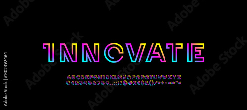 Technology bright font, digital cyber alphabet made future space style, letters A, B, C, D, E, F, G, H, I, J, K, L, M, N, O, P, Q, R, S, T, U, V, W, X, Y, Z, numerals 0, 1, 2, 3, 4, 5, 6, 7, 8, 9