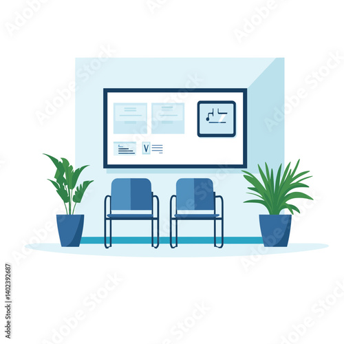 Modern Minimalist Waiting Room Interior Design with Blue Chairs and Potted Plants